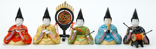 five court musisians(drum with sticks, Shinto flute, flame drum, pipe, flute)